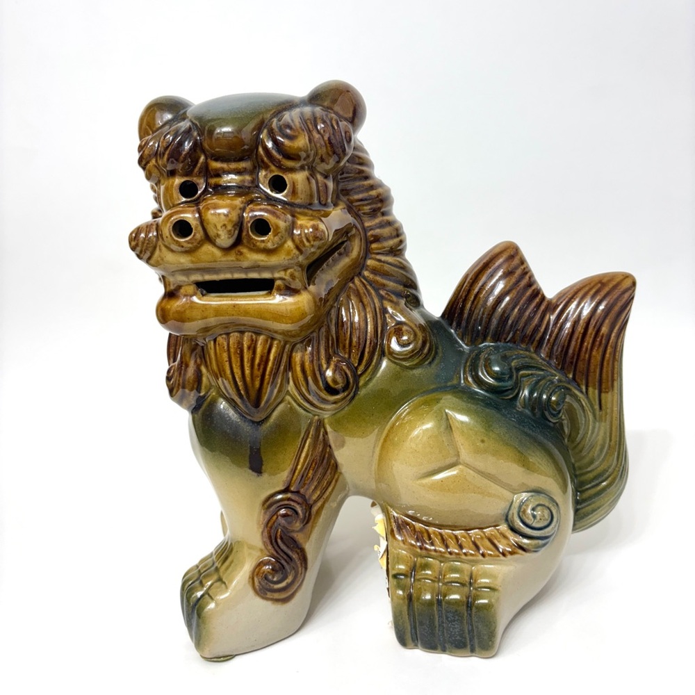 Japanese Okinawan Shisa Statue Green Brown Glazed Ceramic Guardian Lion Dog
